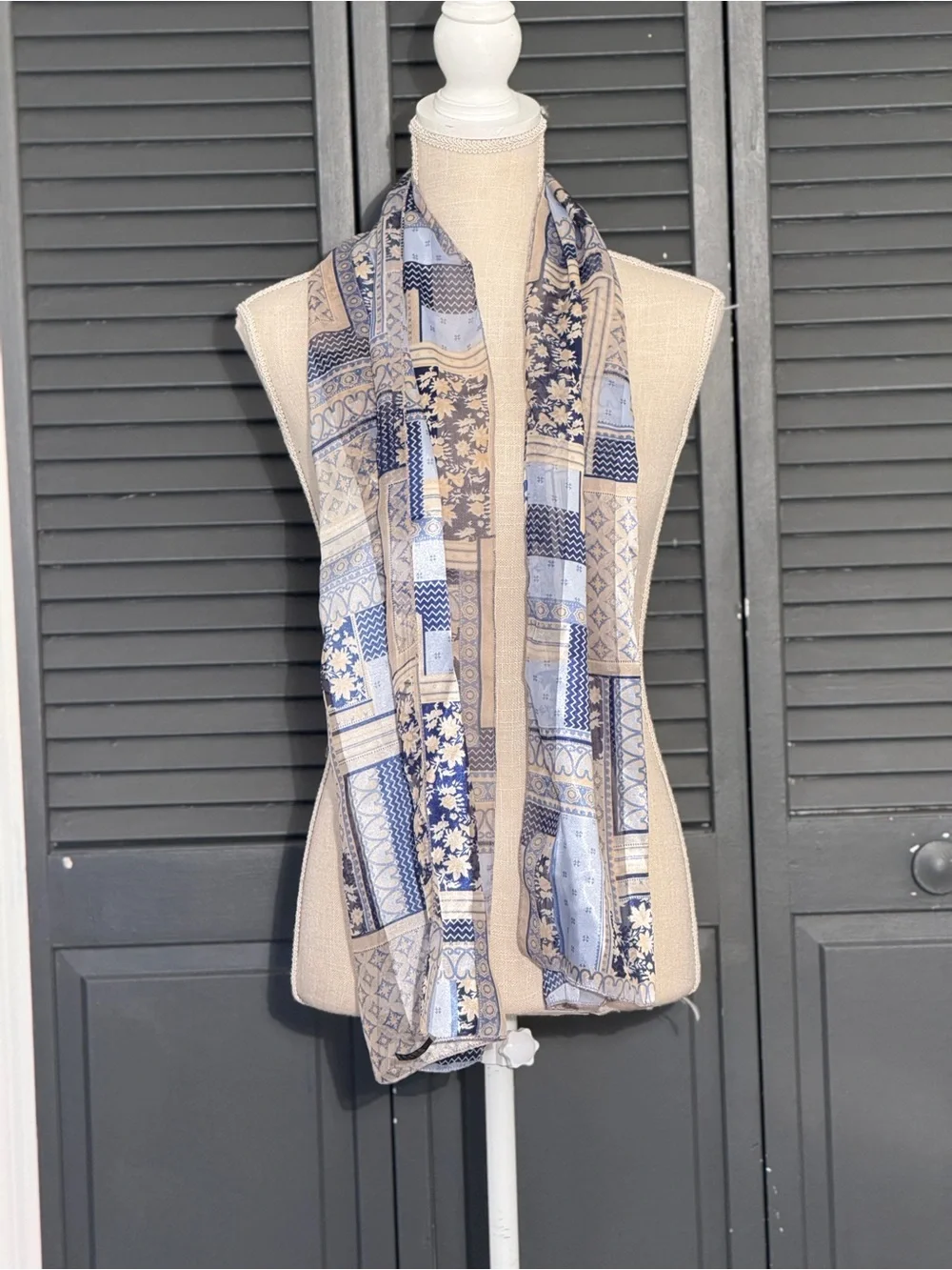 Vintage Silk Feel Patchwork Geometric Scarf Blue Multi Sheer Oblong